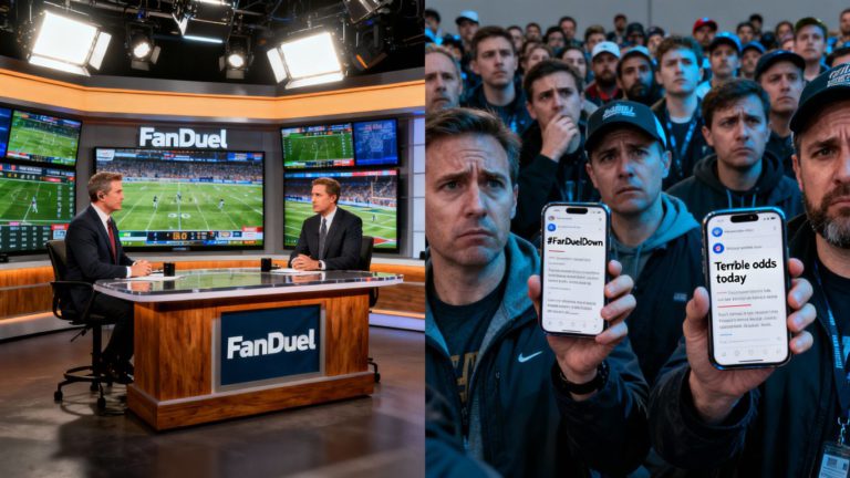 FanDuel studio contrasted with worried crowd