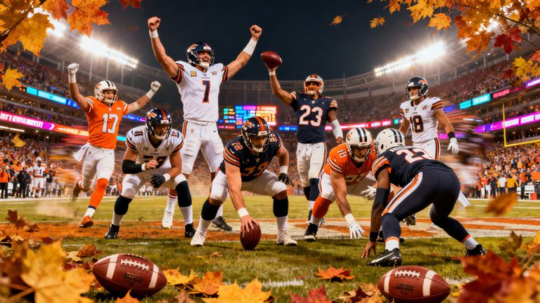 NFL players in action with stadium and autumn leaves.