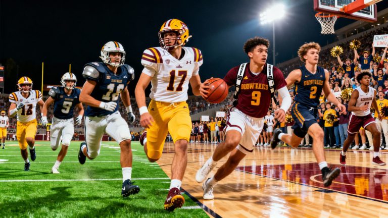 Football and basketball players competing energetically on field and court.