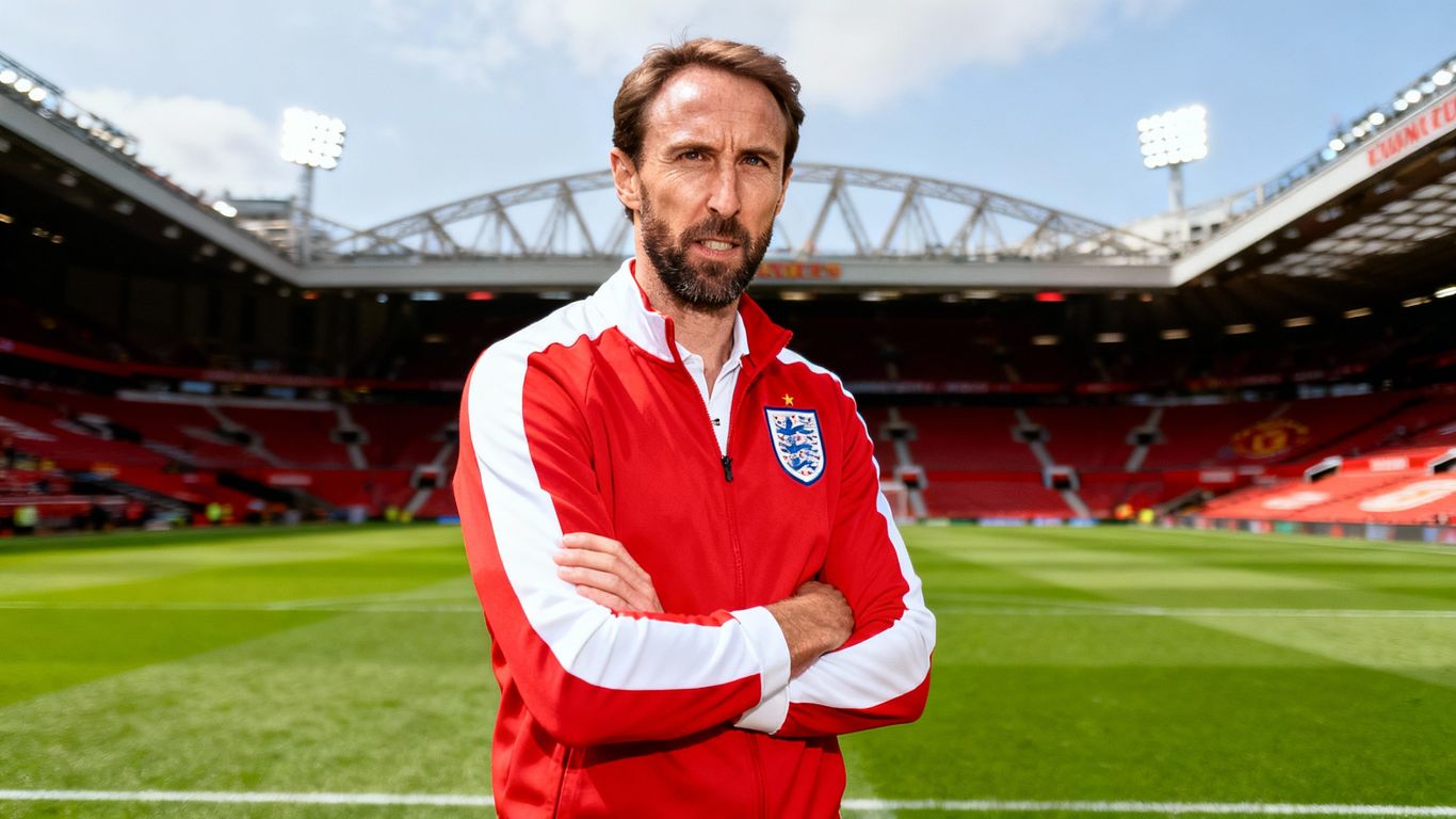 Gareth Southgate on a football pitch.