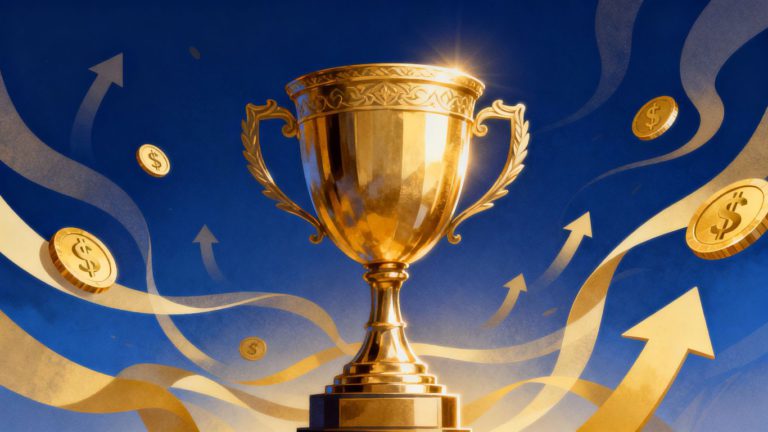 Big Ten conference trophy with money flowing around it.